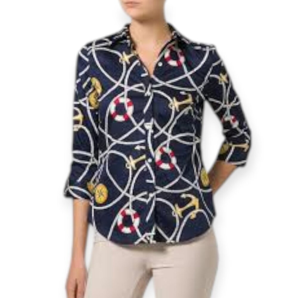 Lauren Ralph Lauren Nautical Anchor 2X Navy Cotton Button Down Vacation Blouse